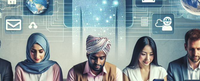 A diverse group of people interacting with digital content on various devices