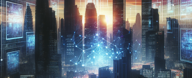 A futuristic cityscape with digital billboards displaying SEO analytics, representing AI's impact on WordPress sites.