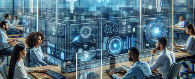 A futuristic workspace with a diverse group of professionals collaborating with AI holograms and digital interfaces.